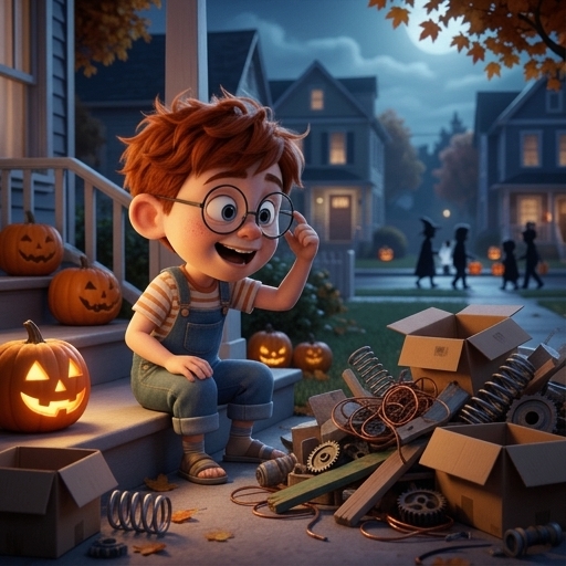 Illustration from "The Spooky House Isn't Spooky": Milo pushed his round glasses up his nose and grinned at his pile of scraps.