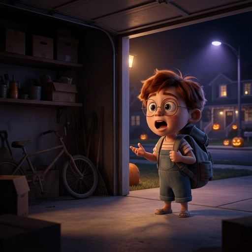 Illustration from "The Spooky House Isn't Spooky": "A candy carrier!" he announced to the empty garage.