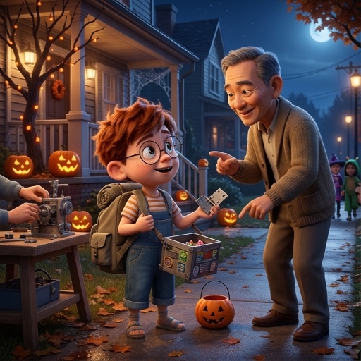 Illustration from "The Spooky House Isn't Spooky": As Milo explained his candy carrier, Mr.