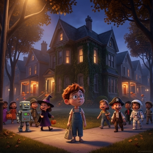 Illustration from "The Spooky House Isn't Spooky": As the neighborhood filled with laughing children in costumes, Milo thought about the corn…