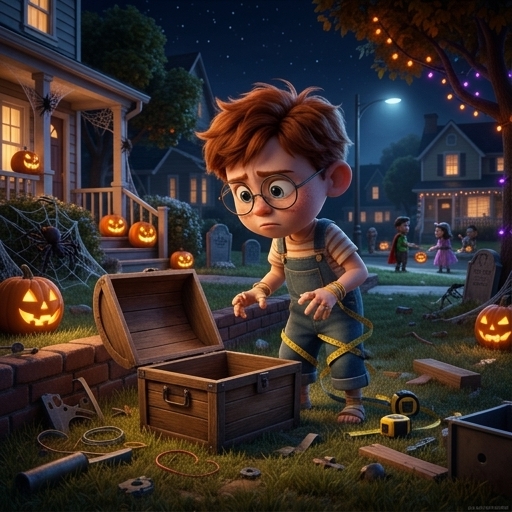 Illustration from "The Spooky House Isn't Spooky": He'd already snapped two rubber bands and tangled himself in measuring tape when he realiz…