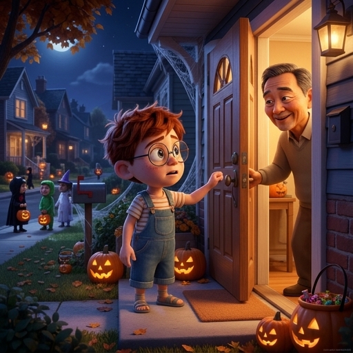 Illustration from "The Spooky House Isn't Spooky": His hand shook as he knocked.